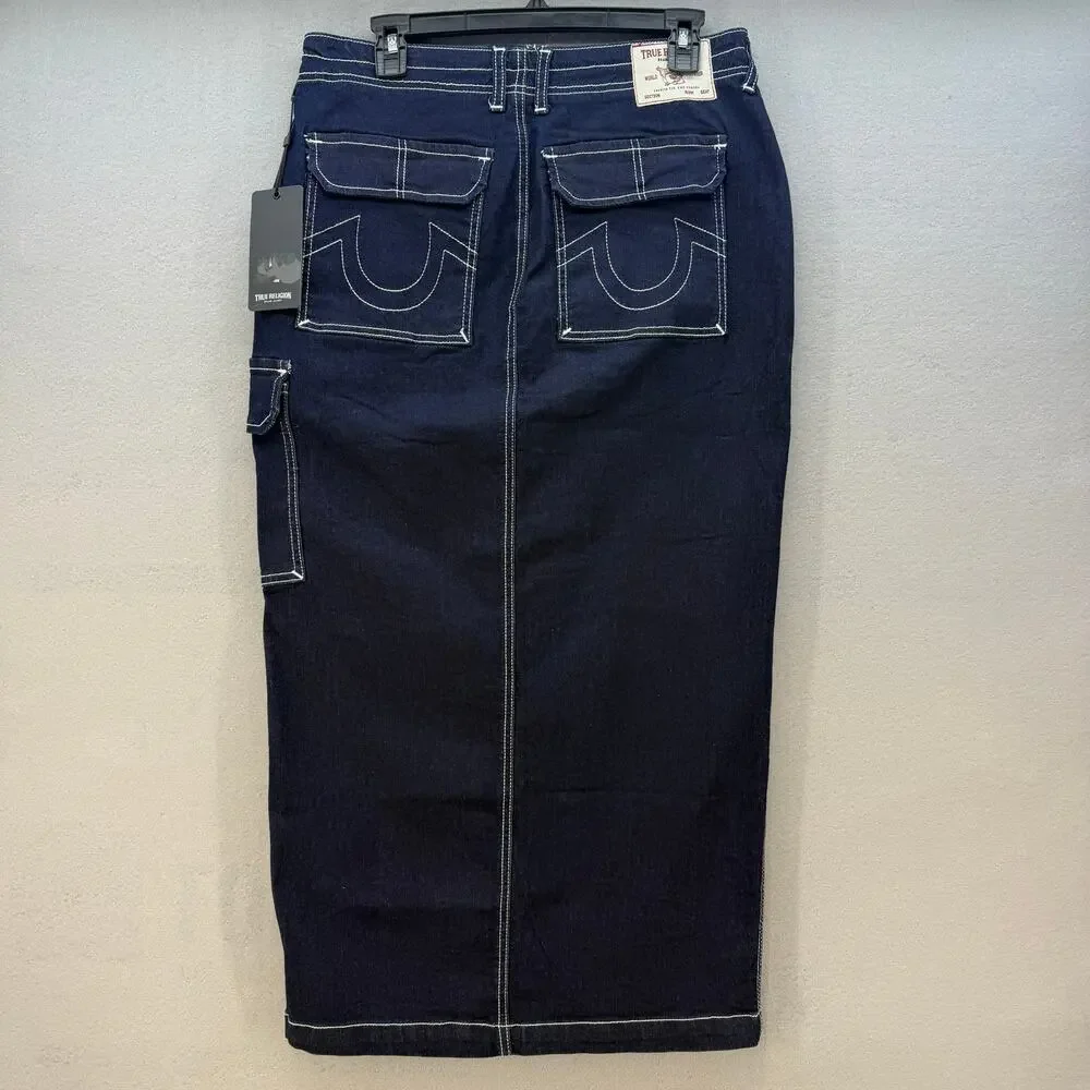 True Religion Denim Cargo Maxi Skirt Women's 27 (4) Dark Blue Preppy Utility Y2K - Picture 2 of 13